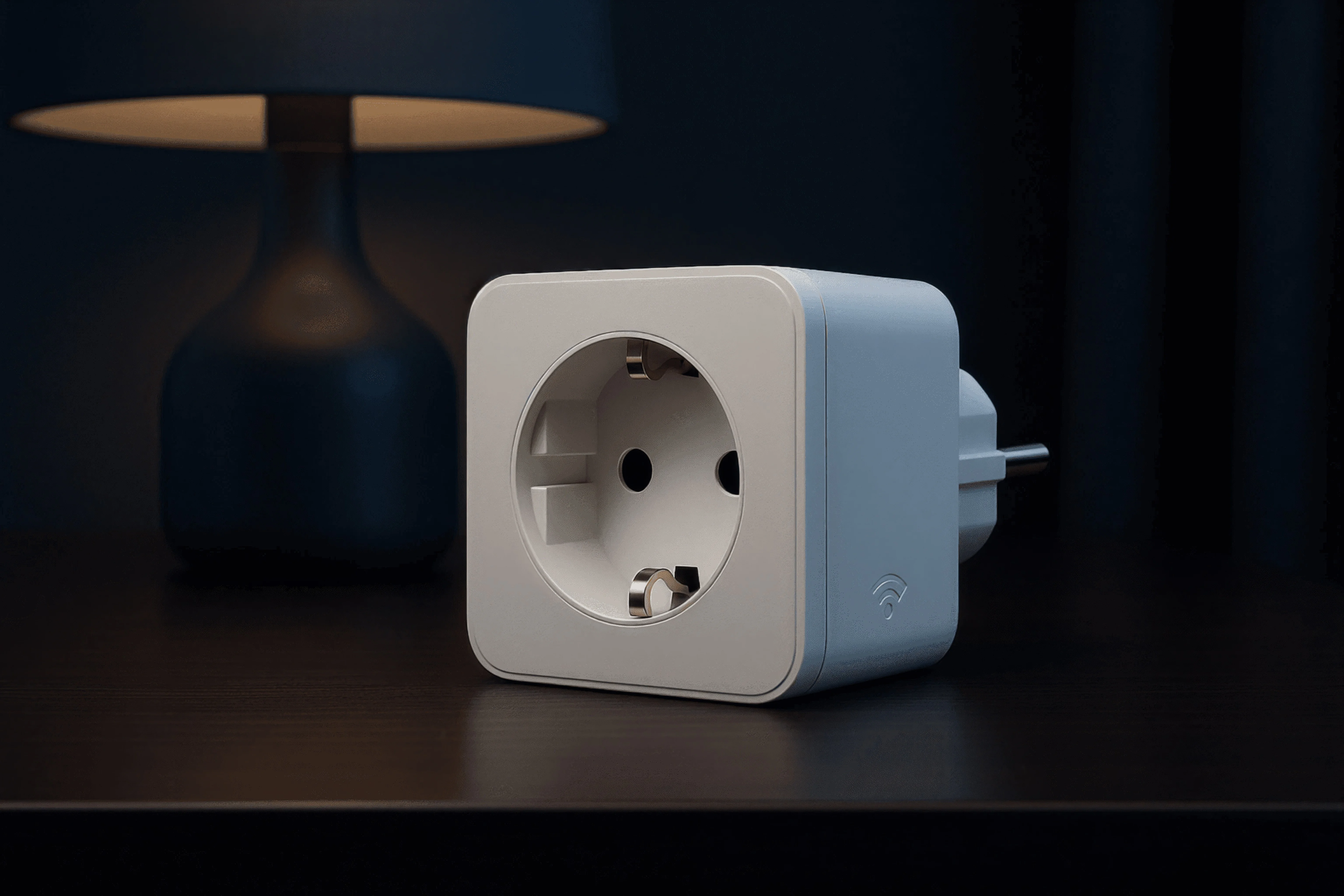 Close-up of a white smart plug with an electrical socket and a lamp in the background on a dark surface.